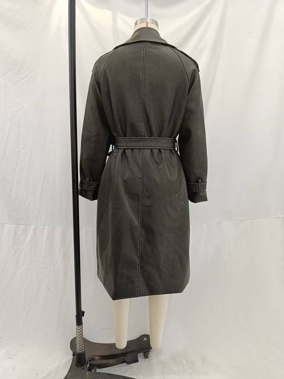 Chic Autumn Winter Women's Distressed Faux Leather Trench Coat with Bow Waist