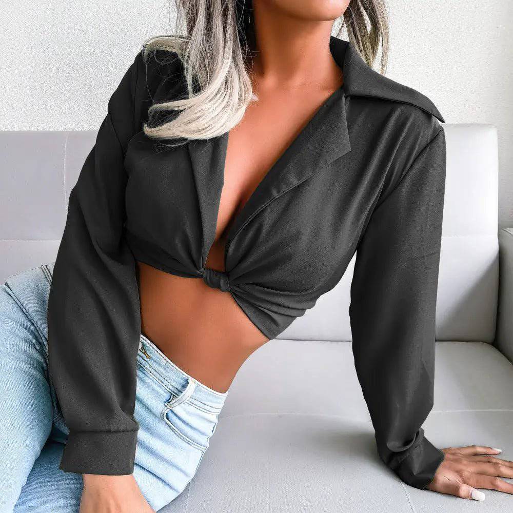 Chic Long-Sleeve Chiffon Crop Top with Knotted Collar