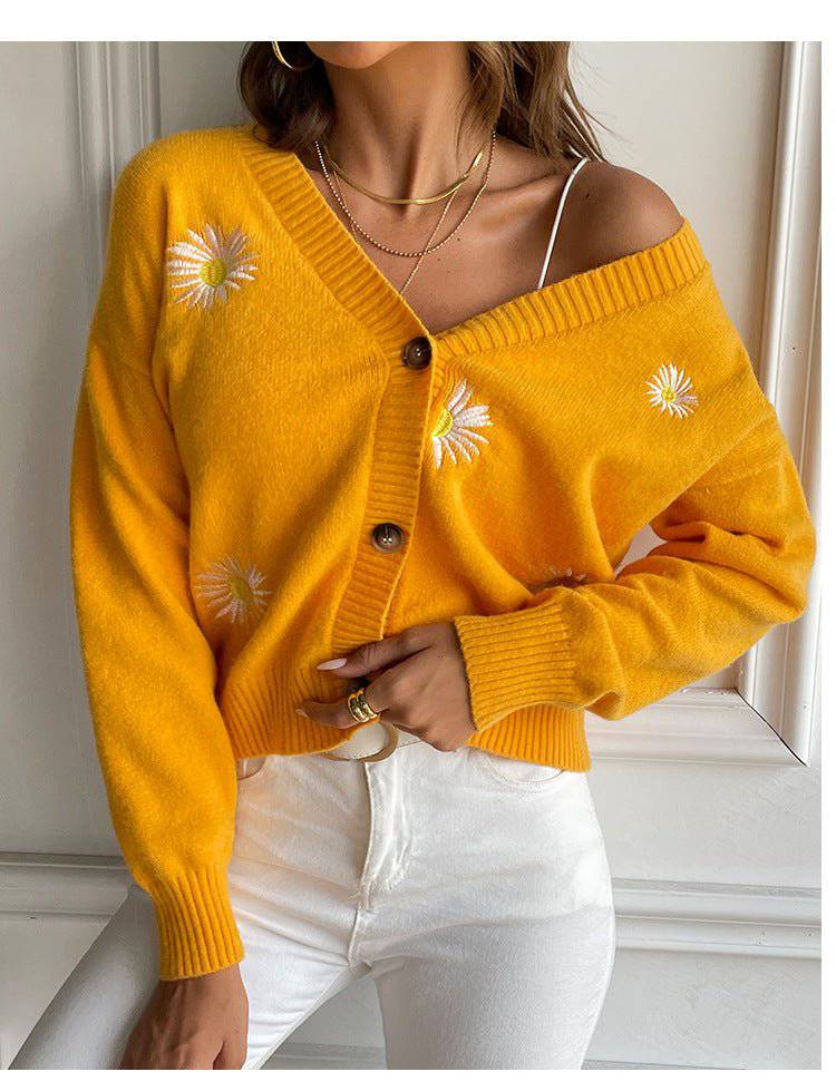Chrysanthemum Embroidered V-Neck Knit Cardigan for Women - Loose Fit Autumn/Winter Sweater Coat S Yellow Sweater Coat
