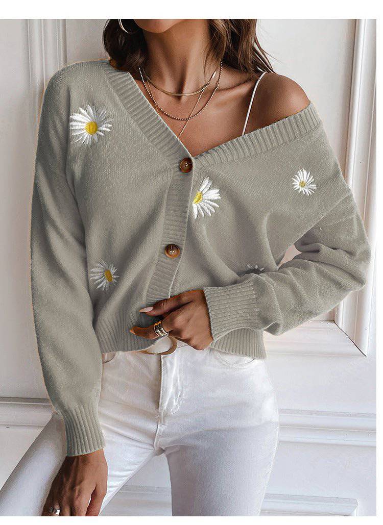 Chrysanthemum Embroidered V-Neck Knit Cardigan for Women - Loose Fit Autumn/Winter Sweater Coat S Gray Sweater Coat