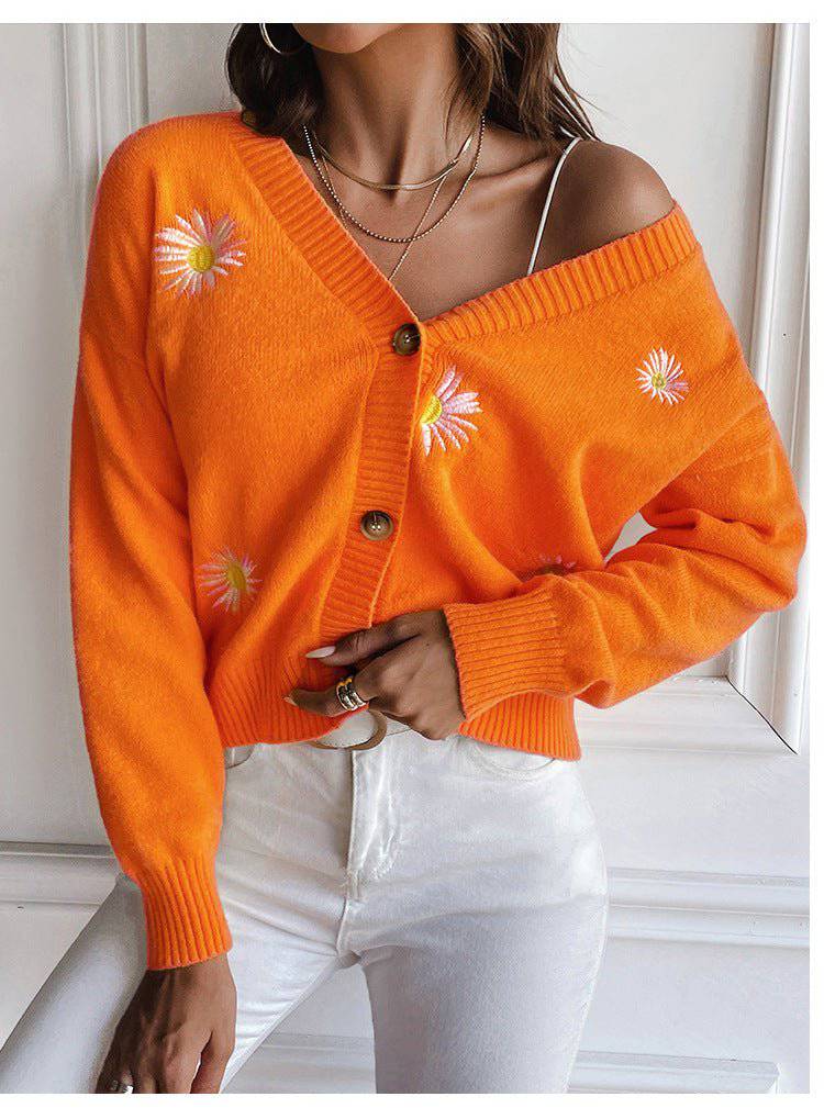 Chrysanthemum Embroidered V-Neck Knit Cardigan for Women - Loose Fit Autumn/Winter Sweater Coat S Orange Sweater Coat
