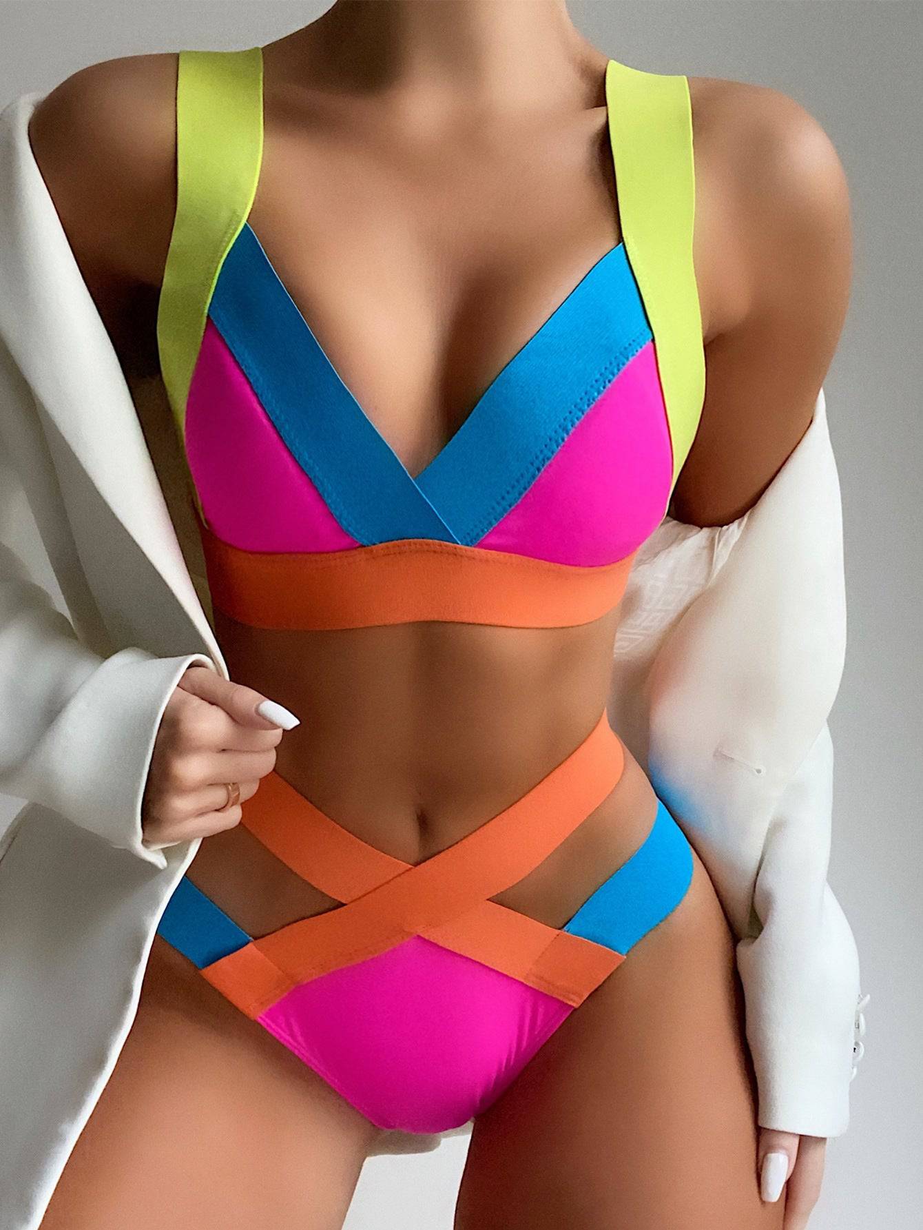 Color Block Bandage Bikini with Cutout and Patchwork Elements