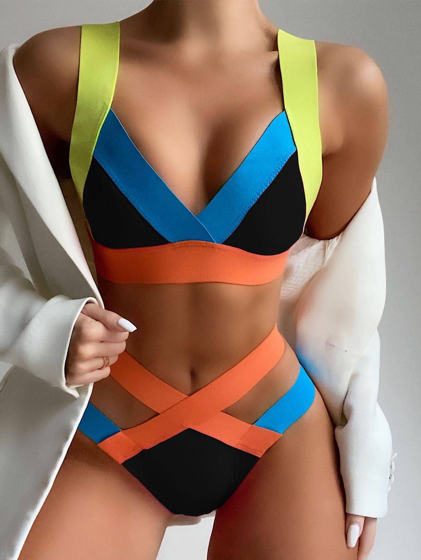 Color Block Bandage Bikini with Cutout and Patchwork Elements S Black