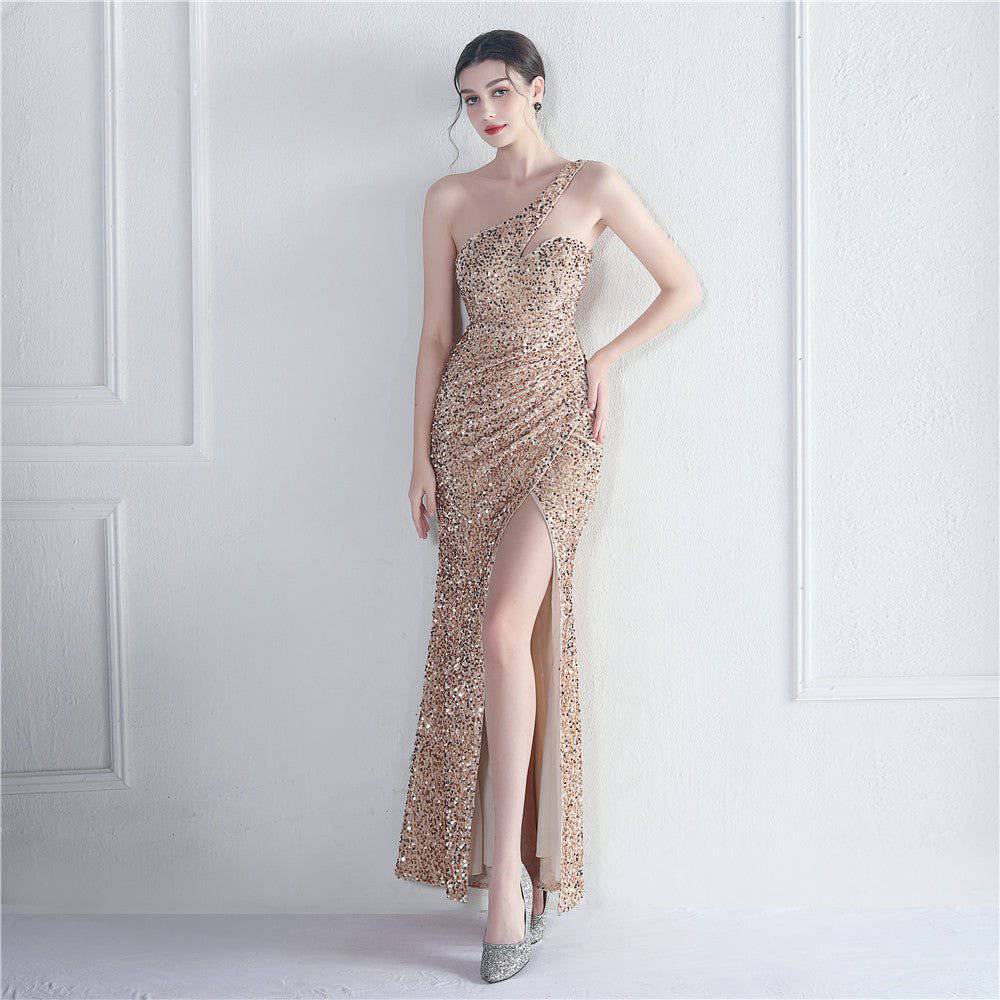 Colorful Sequin One Shoulder Fishtail Evening Dress S Gold