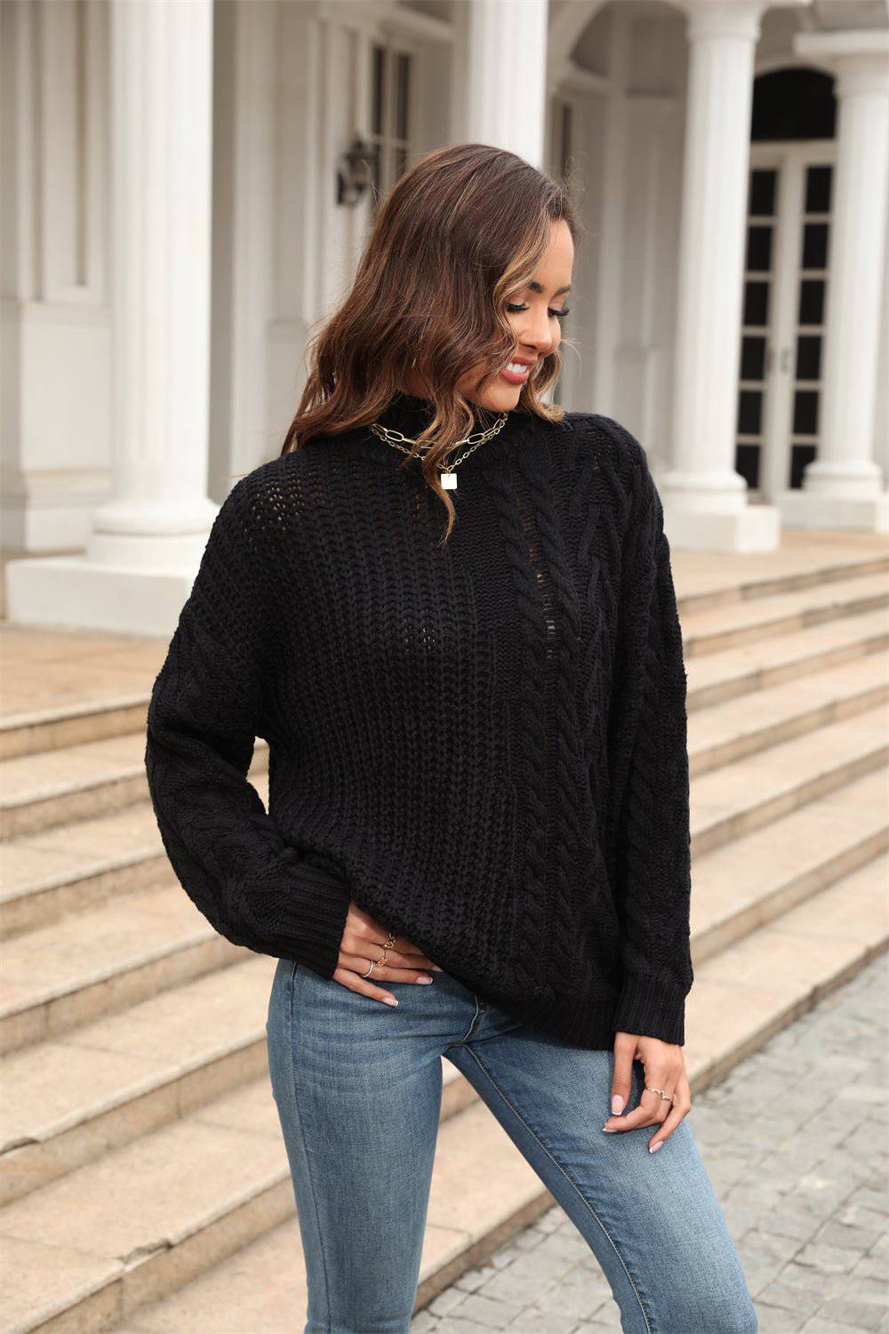 Comfortable and Stylish Mock Neck Cable Knit Sweater for Women