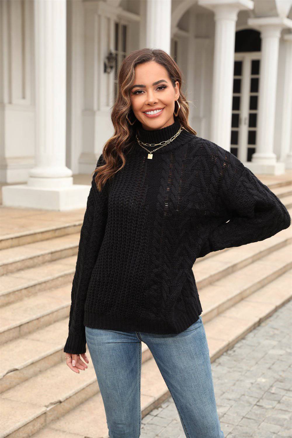 Comfortable and Stylish Mock Neck Cable Knit Sweater for Women