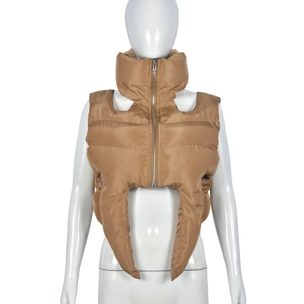Cotton Padded Sleeveless Short Coat for Women with Stand Collar S Brown