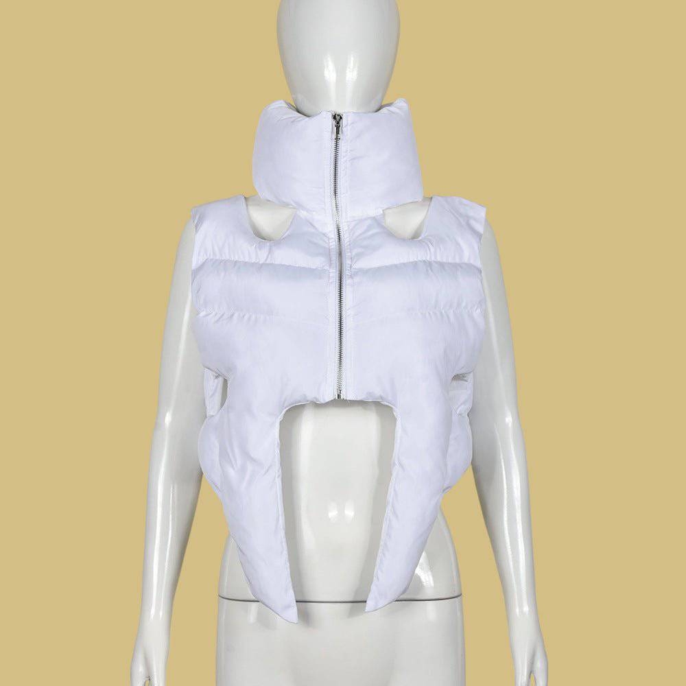 Cotton Padded Sleeveless Short Coat for Women with Stand Collar S White