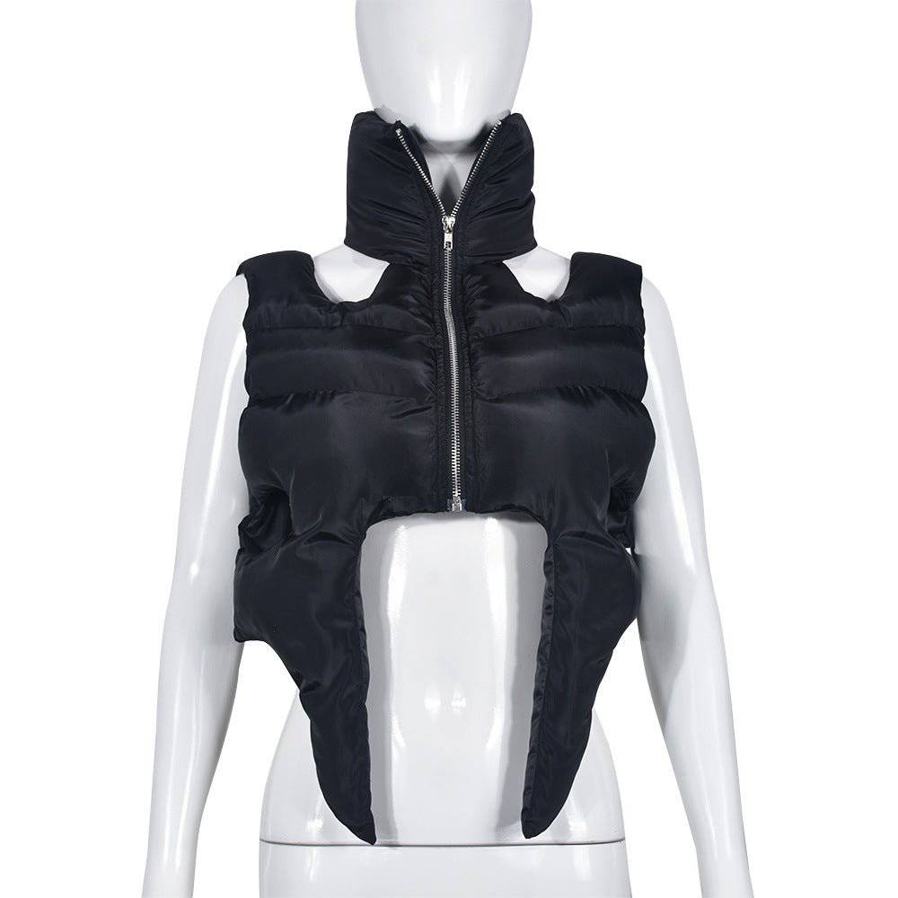 Cotton Padded Sleeveless Short Coat for Women with Stand Collar S Black