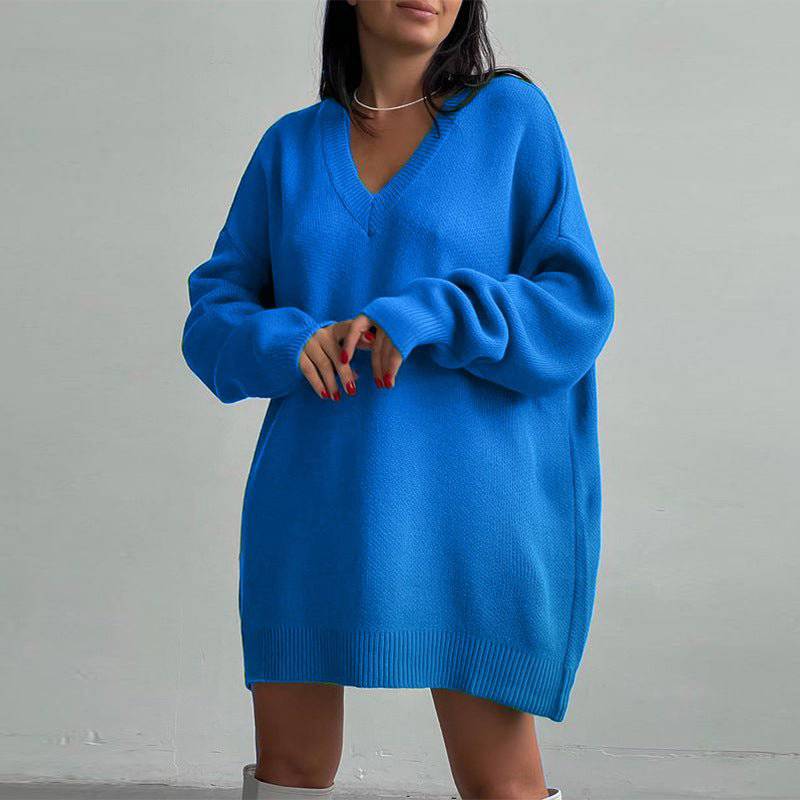 Cozy and Stylish Long Sleeve V-Neck Sweater Dress for Women