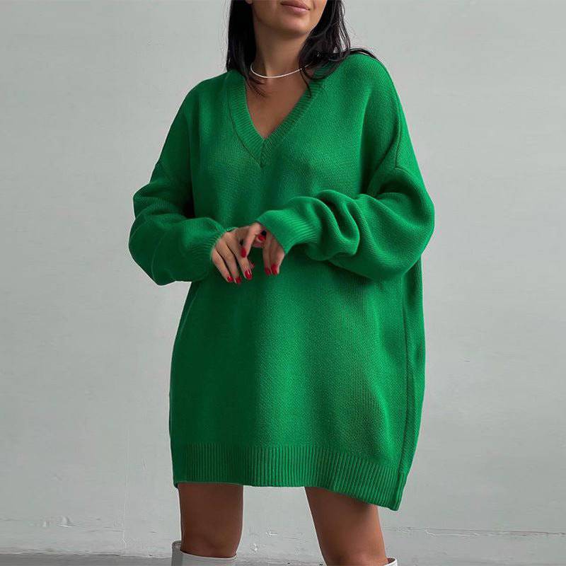 Cozy and Stylish Long Sleeve V-Neck Sweater Dress for Women