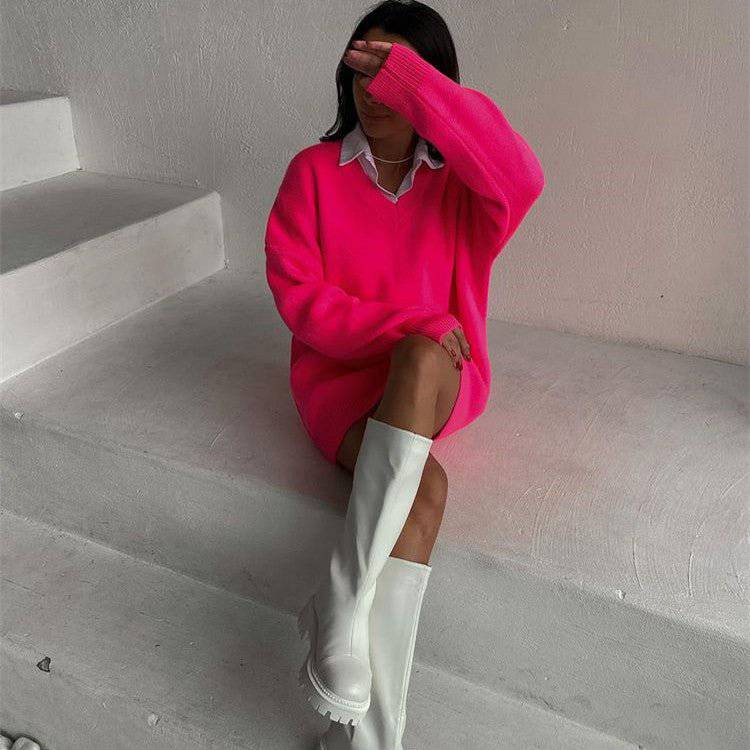 Cozy and Stylish Long Sleeve V-Neck Sweater Dress for Women