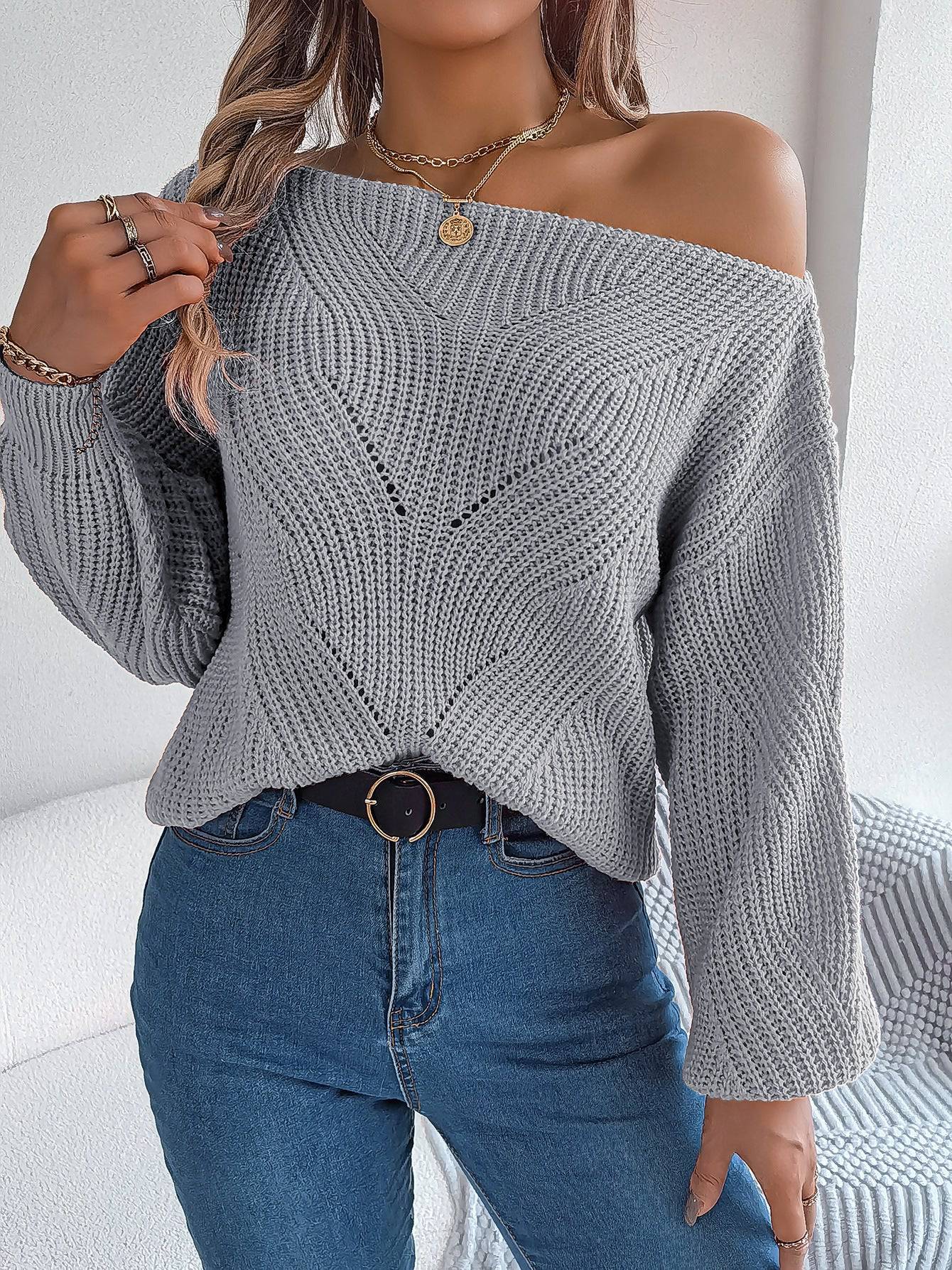 Cozy Autumn One-Shoulder Lantern Sleeve Women's Sweater