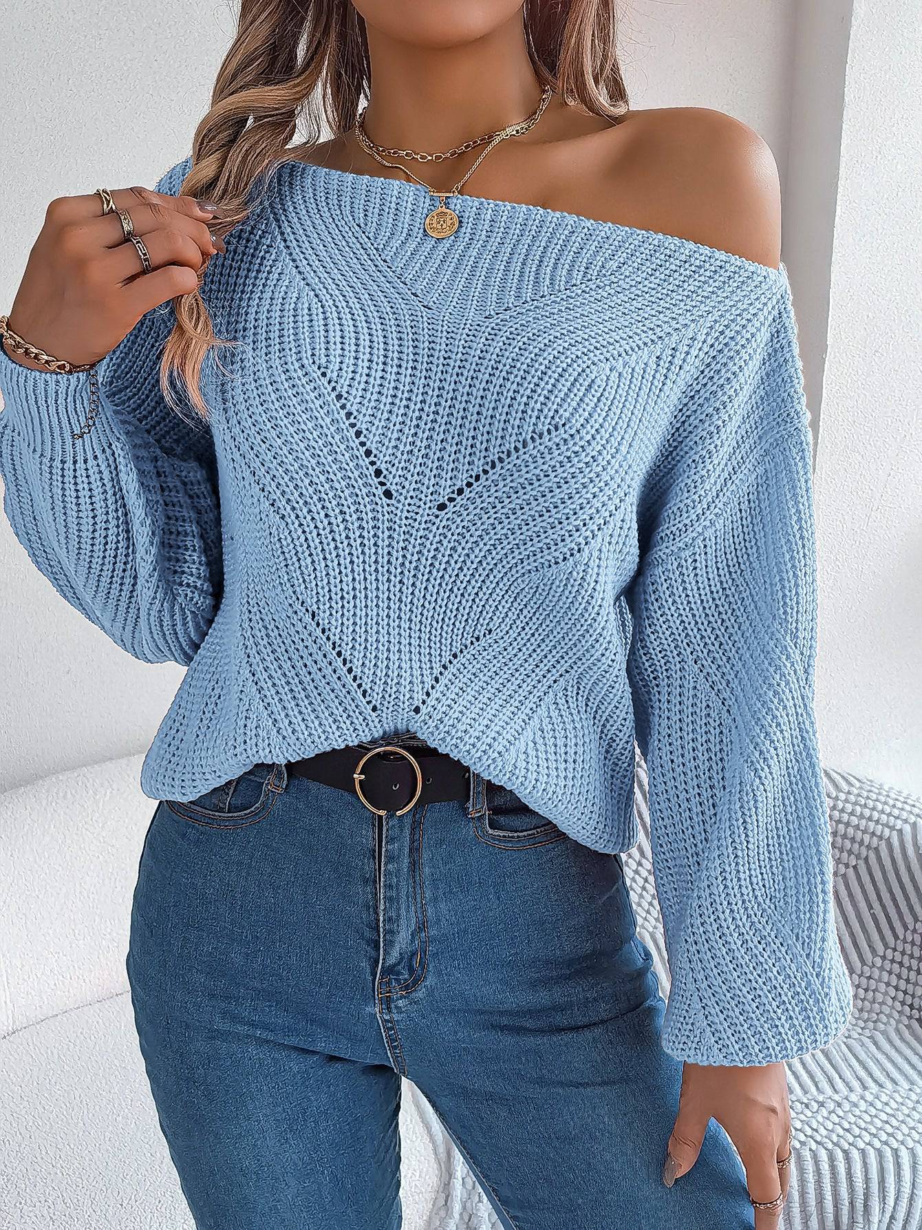 Cozy Autumn One-Shoulder Lantern Sleeve Women's Sweater S Blue