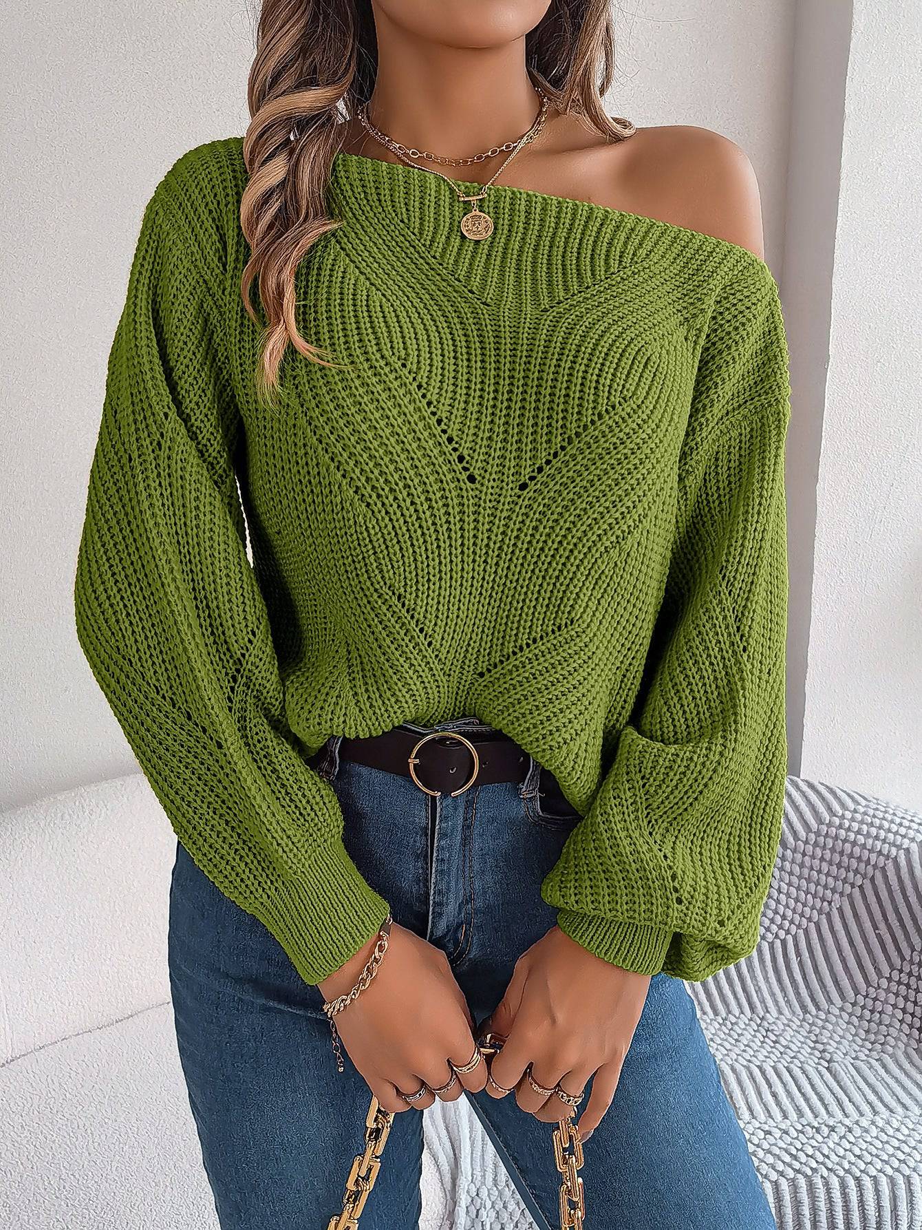 Cozy Autumn One-Shoulder Lantern Sleeve Women's Sweater S Green