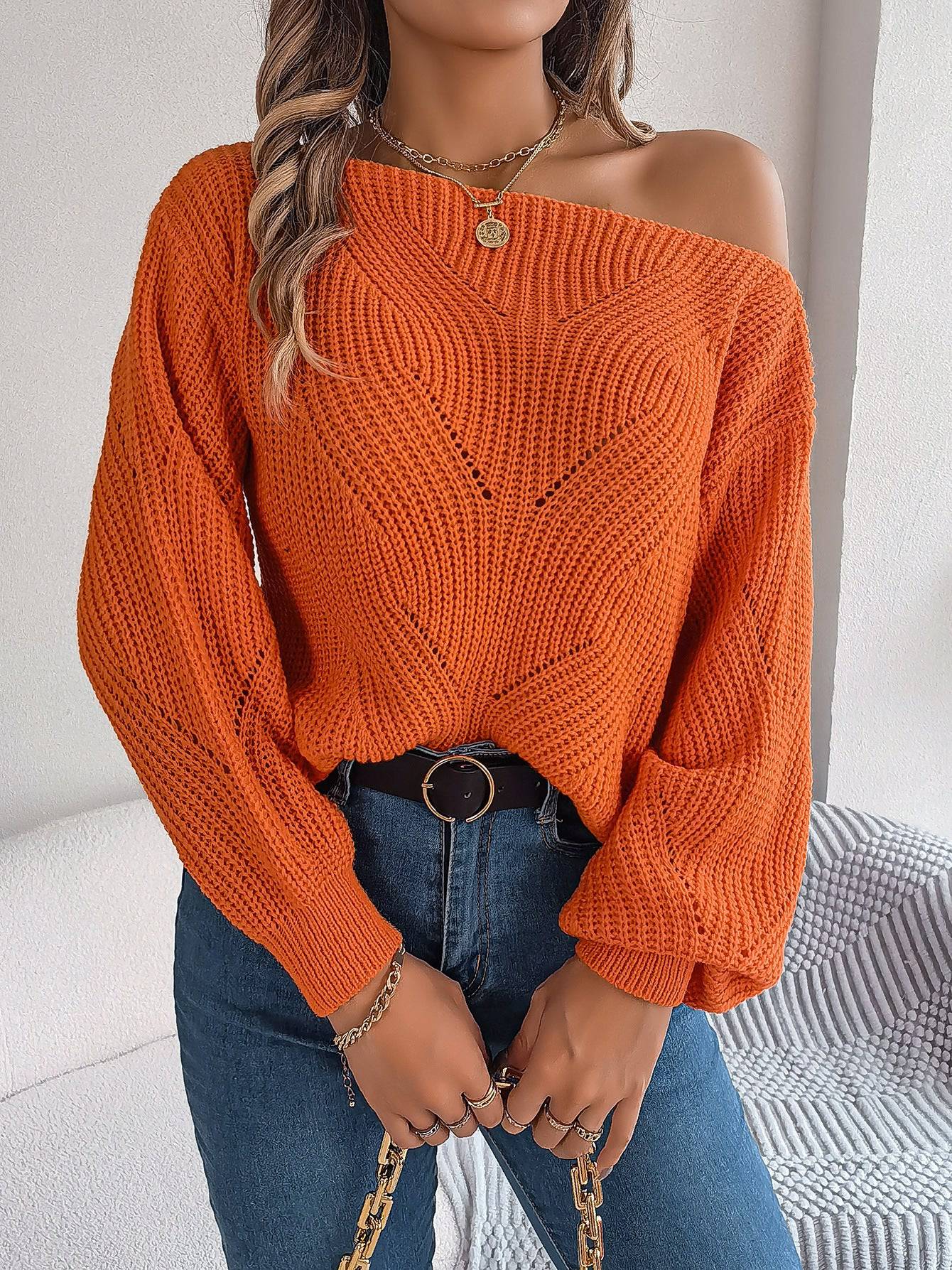 Cozy Autumn One-Shoulder Lantern Sleeve Women's Sweater