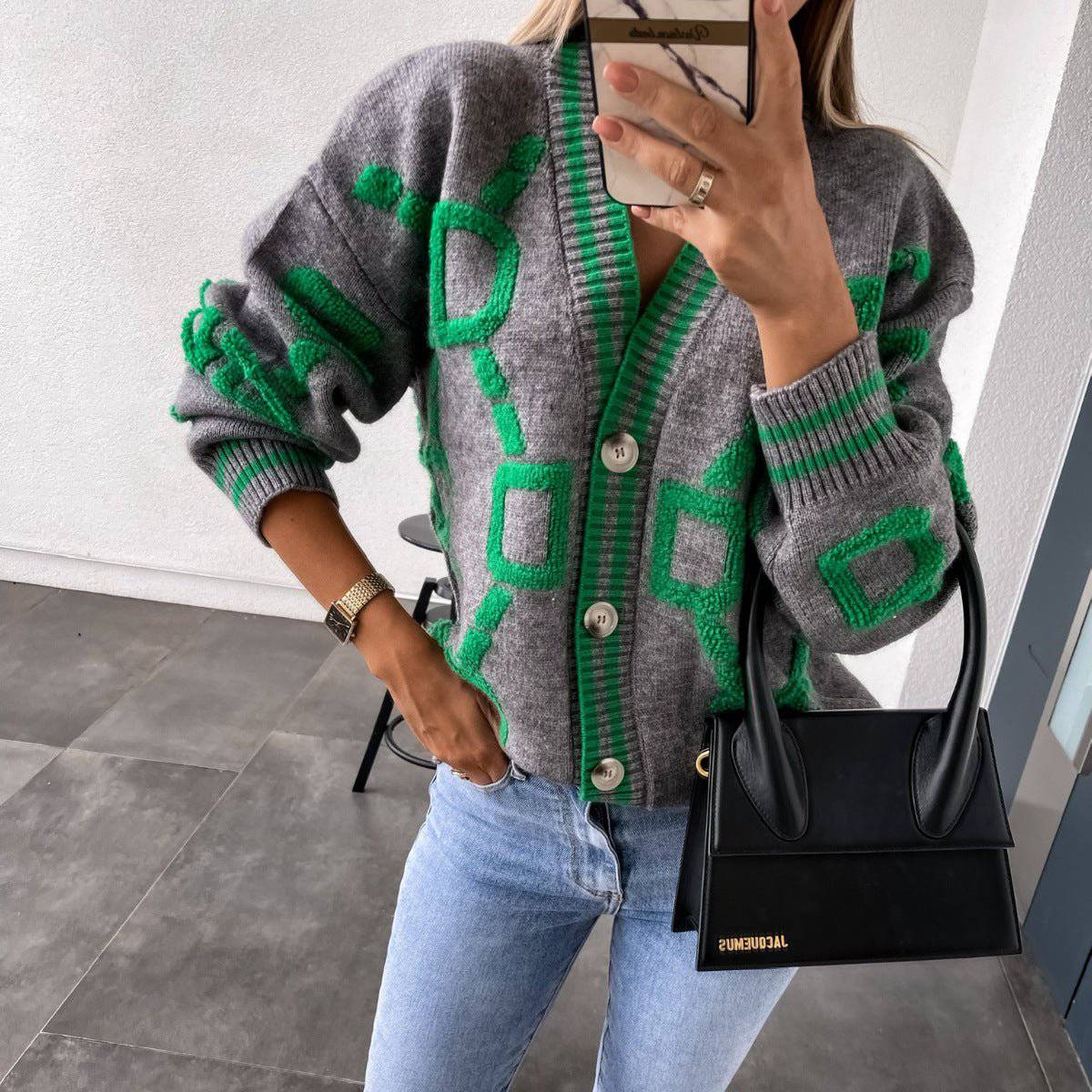 Cozy Embroidered Knitted Cardigan for Women M Gray