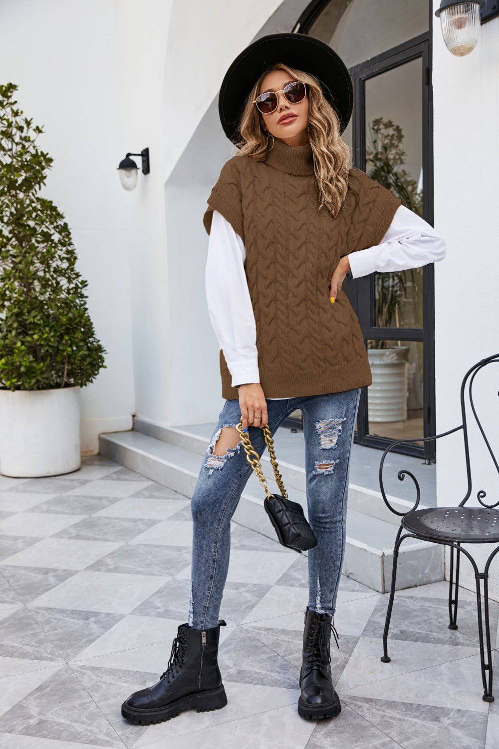 Cozy Knit Twist Turtleneck Sleeveless Sweater S Coffee
