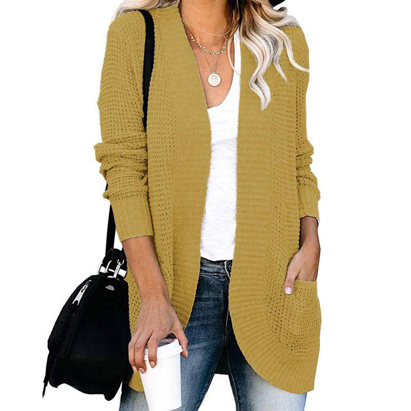 Cozy Long-Length Solid-Colored Cardigan for Autumn and Winter S Yellow