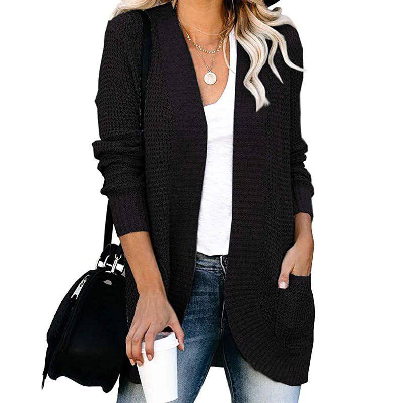 Cozy Long-Length Solid-Colored Cardigan for Autumn and Winter S Black