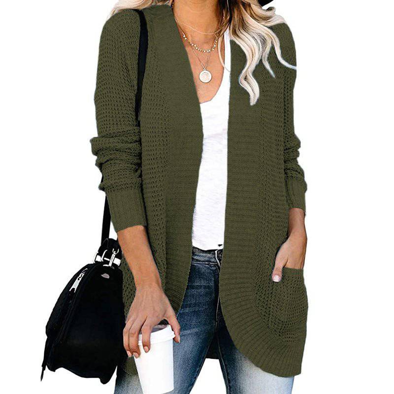 Cozy Long-Length Solid-Colored Cardigan for Autumn and Winter S Army Green