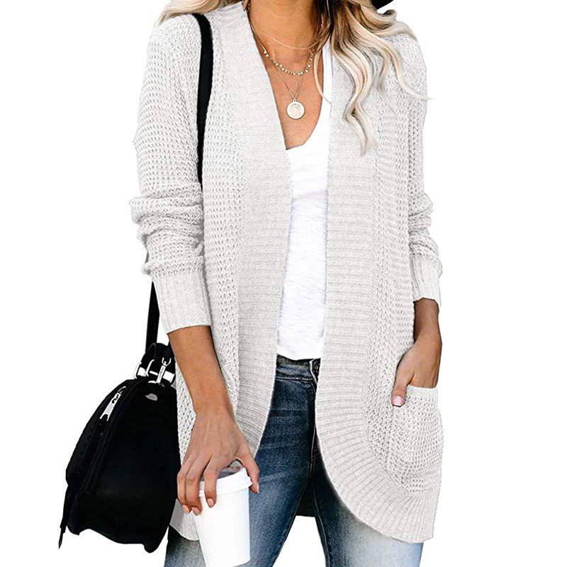 Cozy Long-Length Solid-Colored Cardigan for Autumn and Winter S White