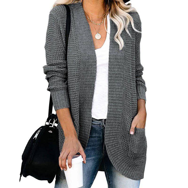 Cozy Long-Length Solid-Colored Cardigan for Autumn and Winter S Dark Grey