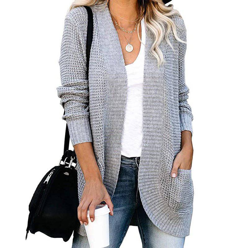 Cozy Long-Length Solid-Colored Cardigan for Autumn and Winter S Light Gray