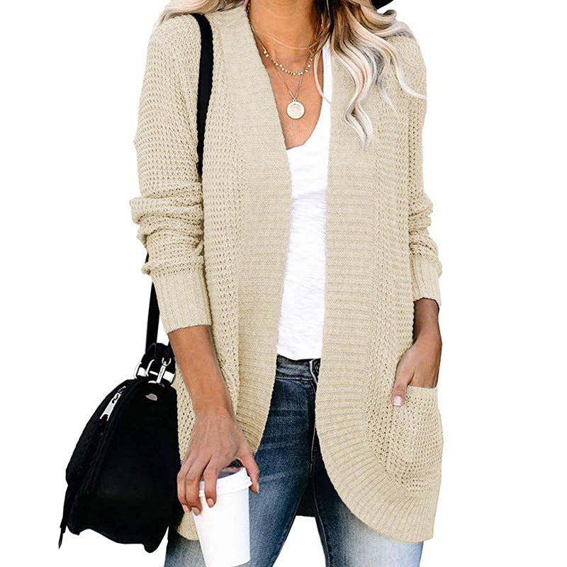 Cozy Long-Length Solid-Colored Cardigan for Autumn and Winter S Apricot
