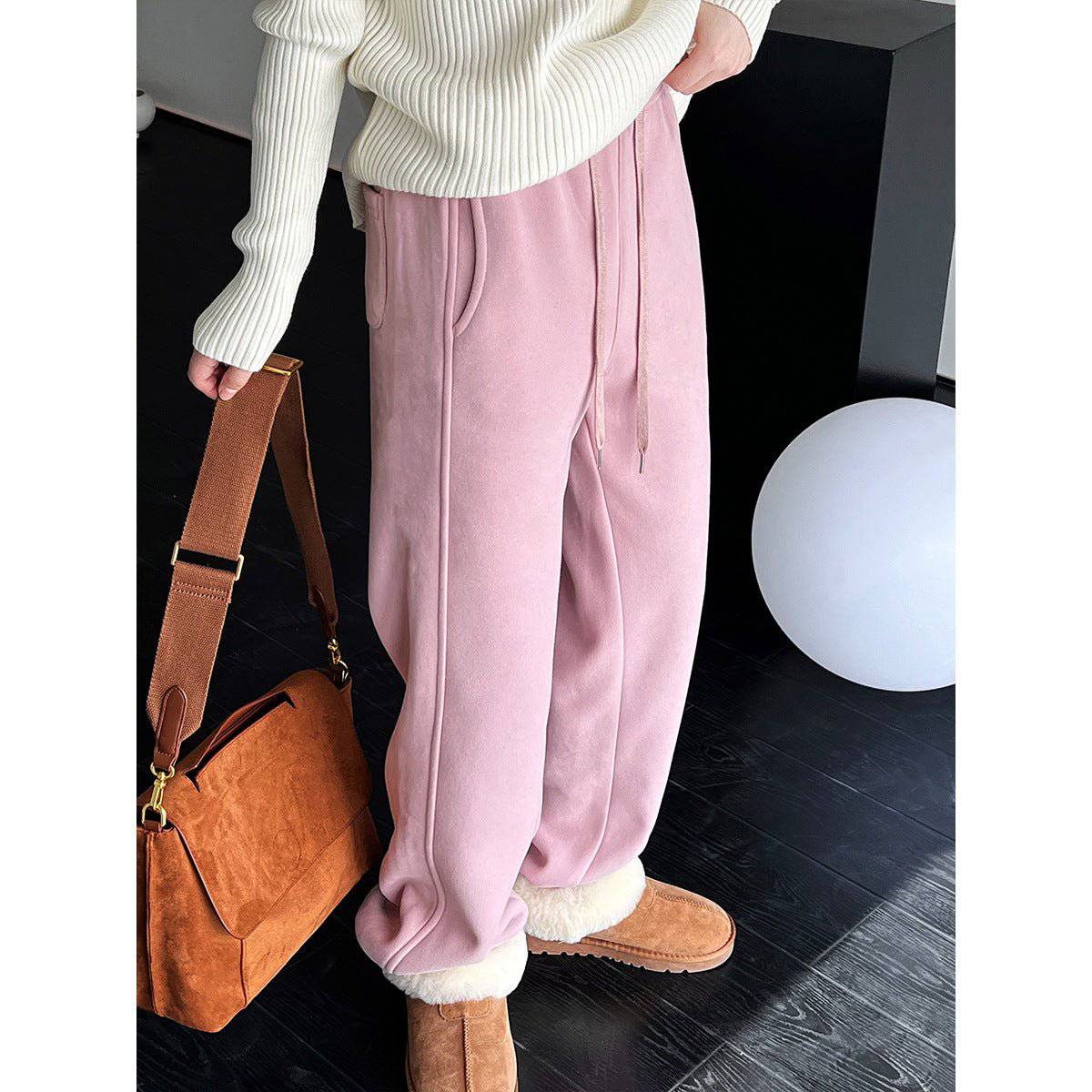 Cozy Pink Velvet Drawstring Sweatpants for Women