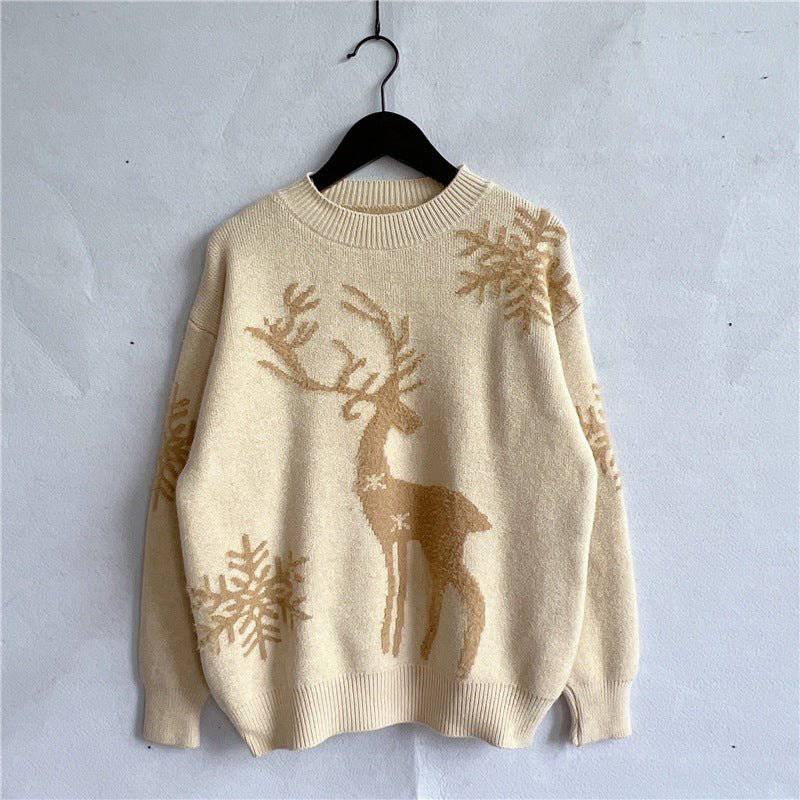 Cozy Snowflake and Reindeer Jacquard Knit Christmas Sweater S Ivory