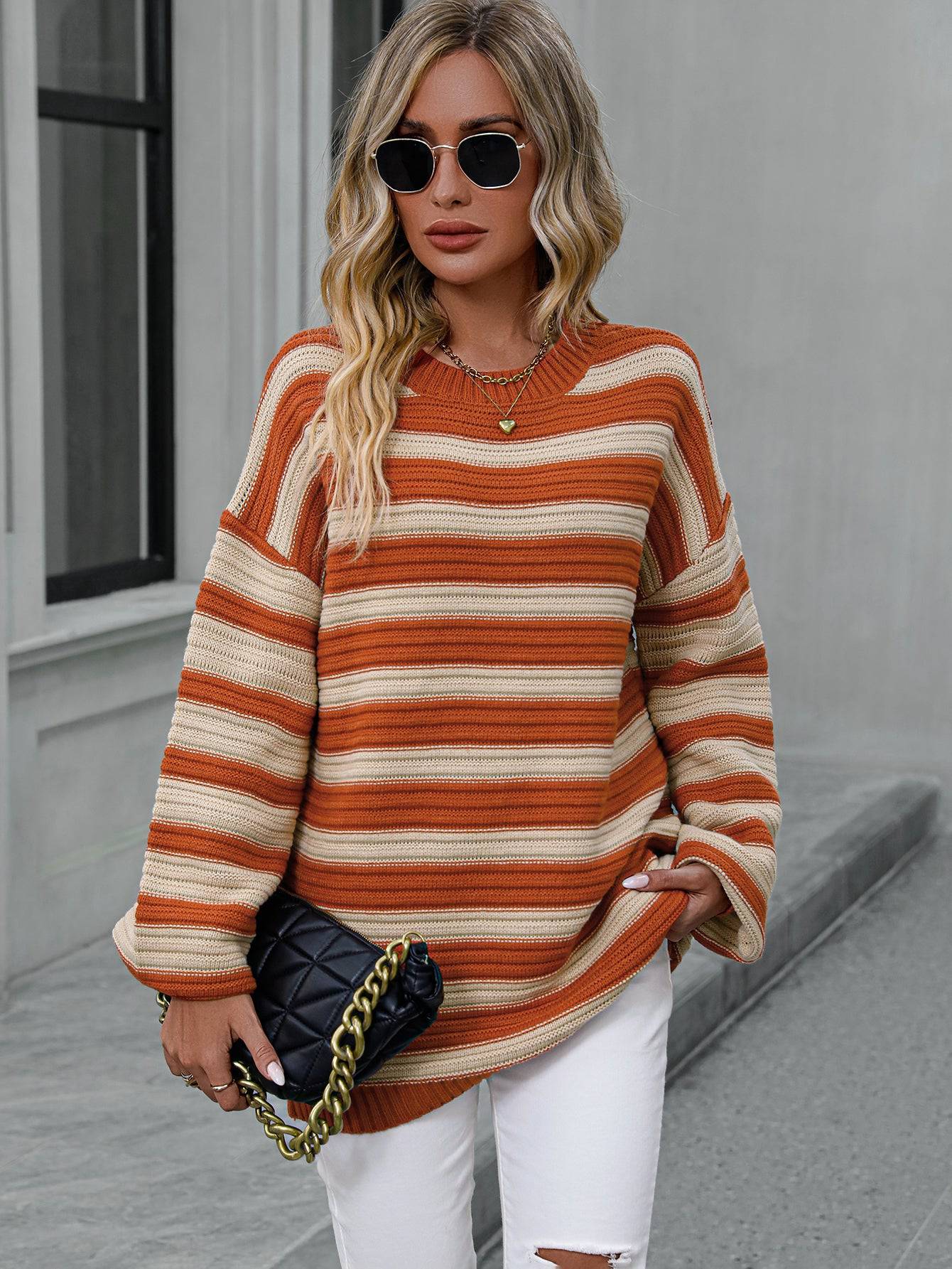 Cozy Striped Knit Crew Neck Sweater - Women's Autumn Winter Wear