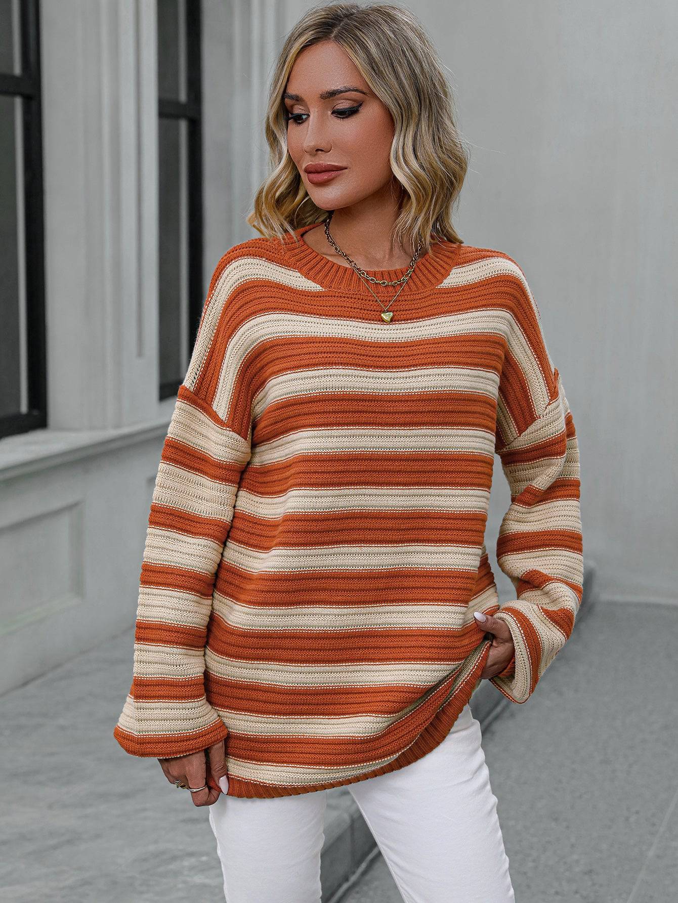 Cozy Striped Knit Crew Neck Sweater - Women's Autumn Winter Wear S Orange