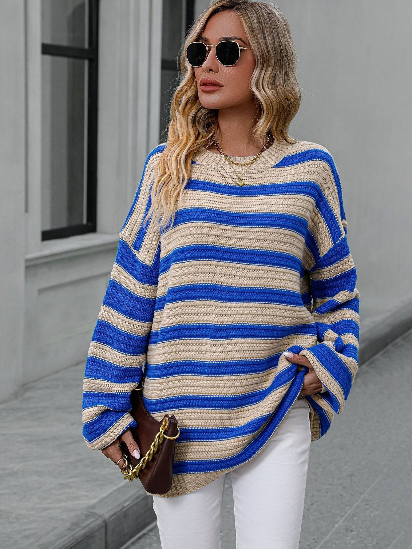 Cozy Striped Knit Crew Neck Sweater - Women's Autumn Winter Wear S Apricot