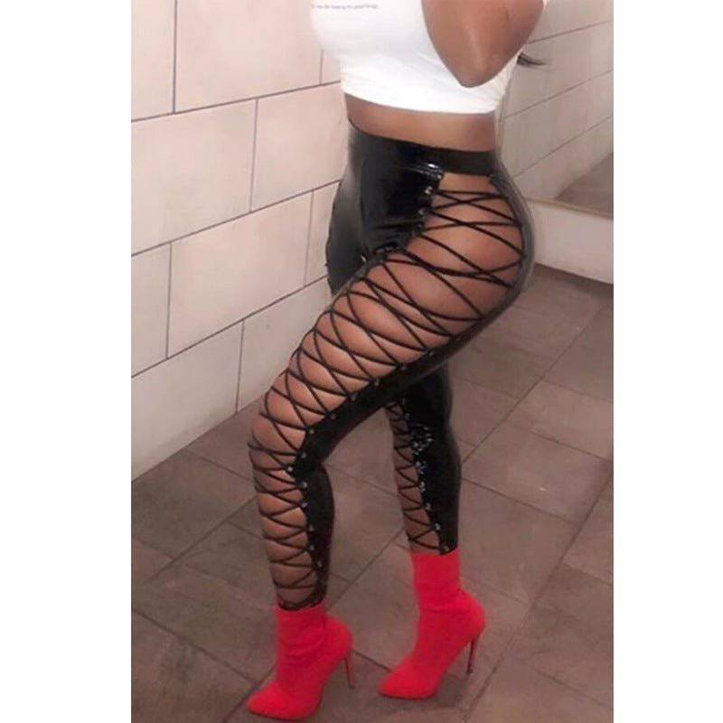 Criss Cross Strap Faux Leather Pants with Lace-Up Detail