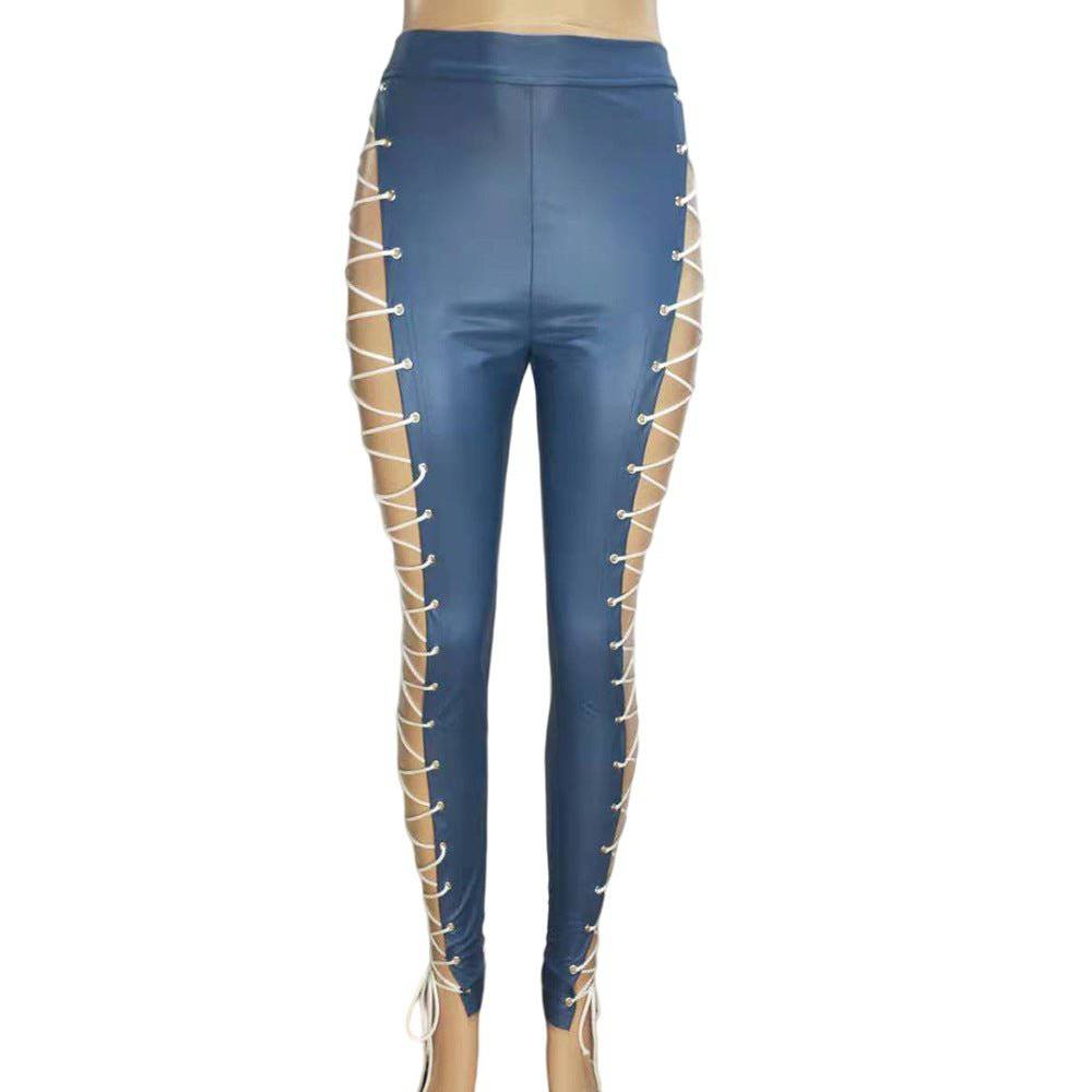 Criss Cross Strap Faux Leather Pants with Lace-Up Detail