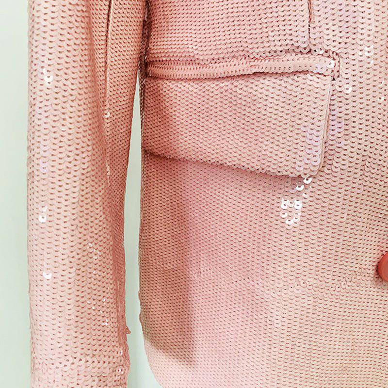 Double Breasted Sequin Pink Cotton Blazer for Elegant Spring/Fall Style