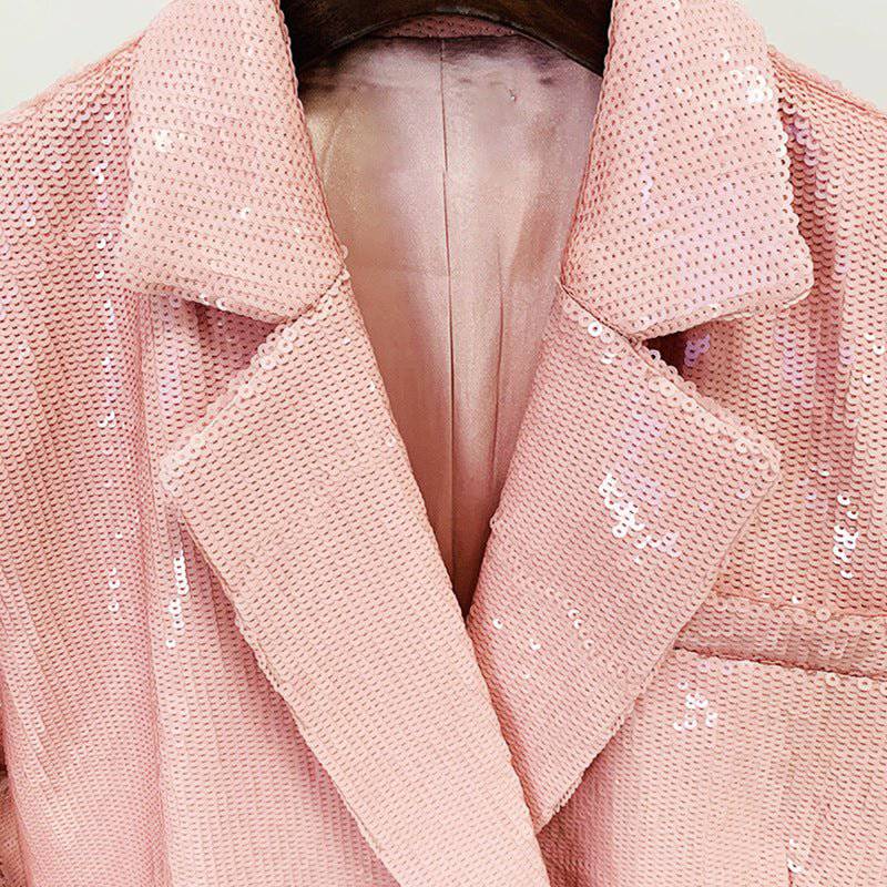 Double Breasted Sequin Pink Cotton Blazer for Elegant Spring/Fall Style