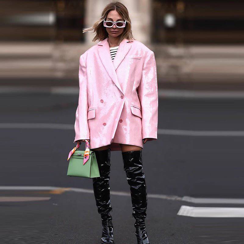 Double Breasted Sequin Pink Cotton Blazer for Elegant Spring/Fall Style