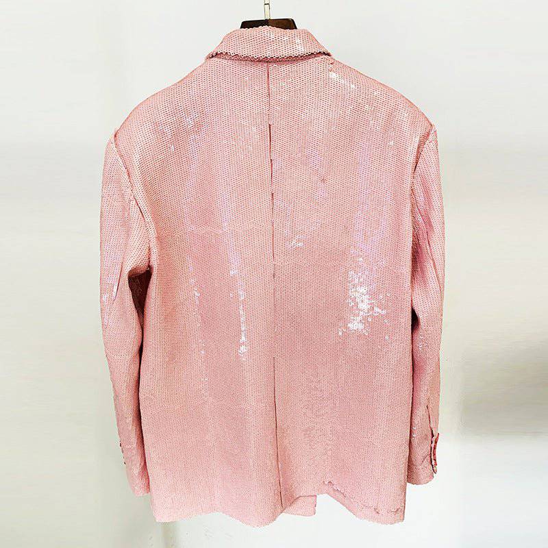 Double Breasted Sequin Pink Cotton Blazer for Elegant Spring/Fall Style