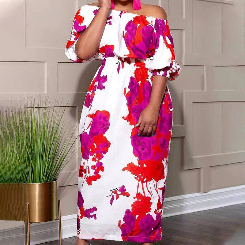 Elegant Boho-inspired Plus Size Floral Off-Shoulder Dress XL Red