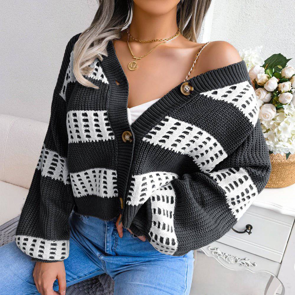 Elegant Cozy Lantern Sleeve Cardigan Sweater for Fall and Winter S Black