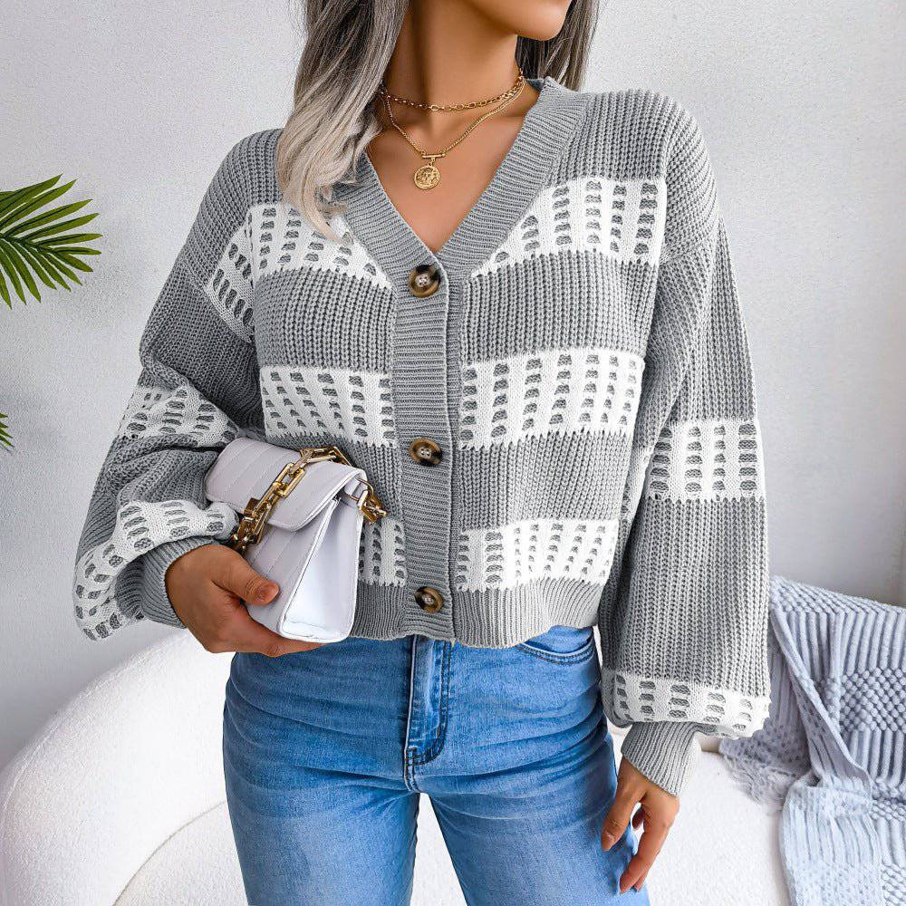Elegant Cozy Lantern Sleeve Cardigan Sweater for Fall and Winter S Gray