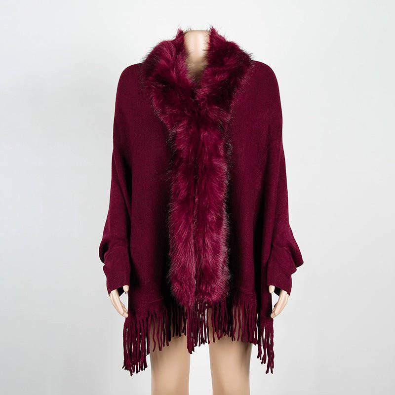 Elegant Fur Collar Tassel Cape Shawl with Fringe Embellishment One Size Red