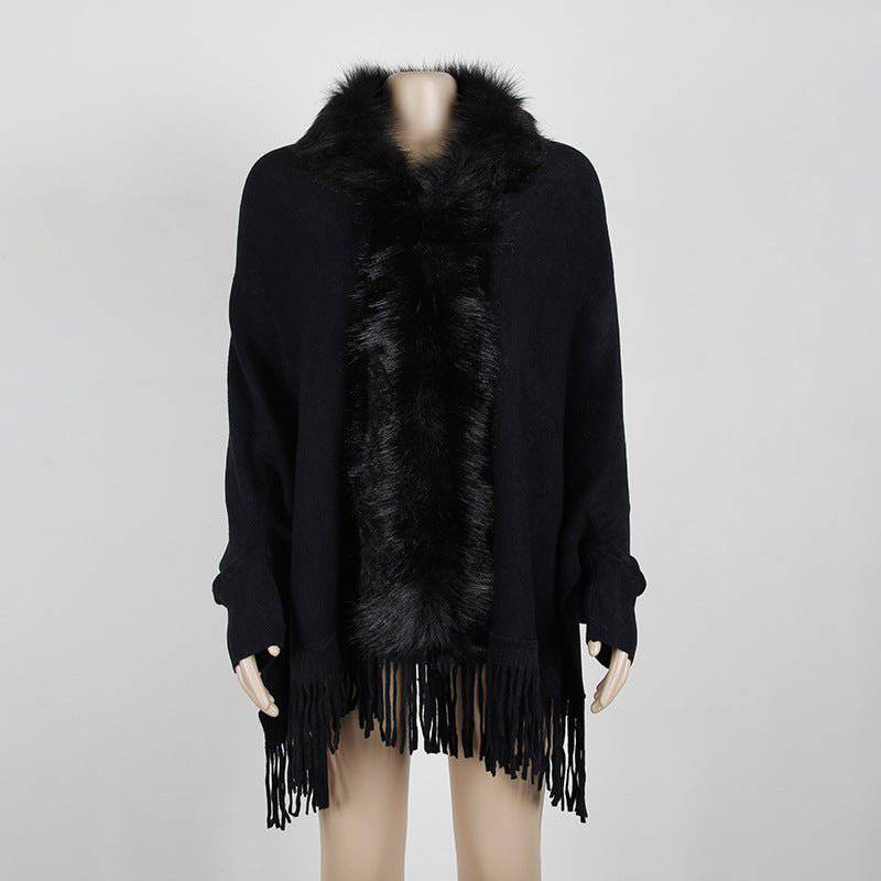 Elegant Fur Collar Tassel Cape Shawl with Fringe Embellishment One Size Black