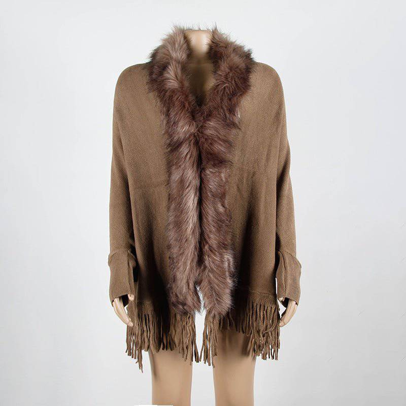 Elegant Fur Collar Tassel Cape Shawl with Fringe Embellishment One Size Khaki
