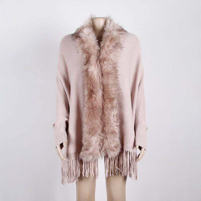 Elegant Fur Collar Tassel Cape Shawl with Fringe Embellishment One Size Lotus Root Starch