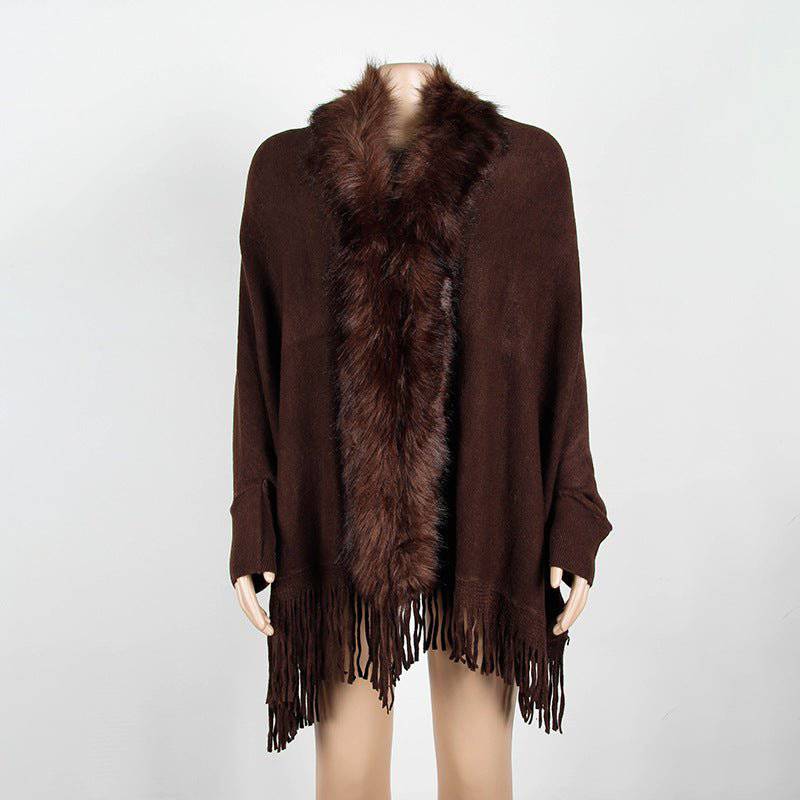 Elegant Fur Collar Tassel Cape Shawl with Fringe Embellishment One Size Brown