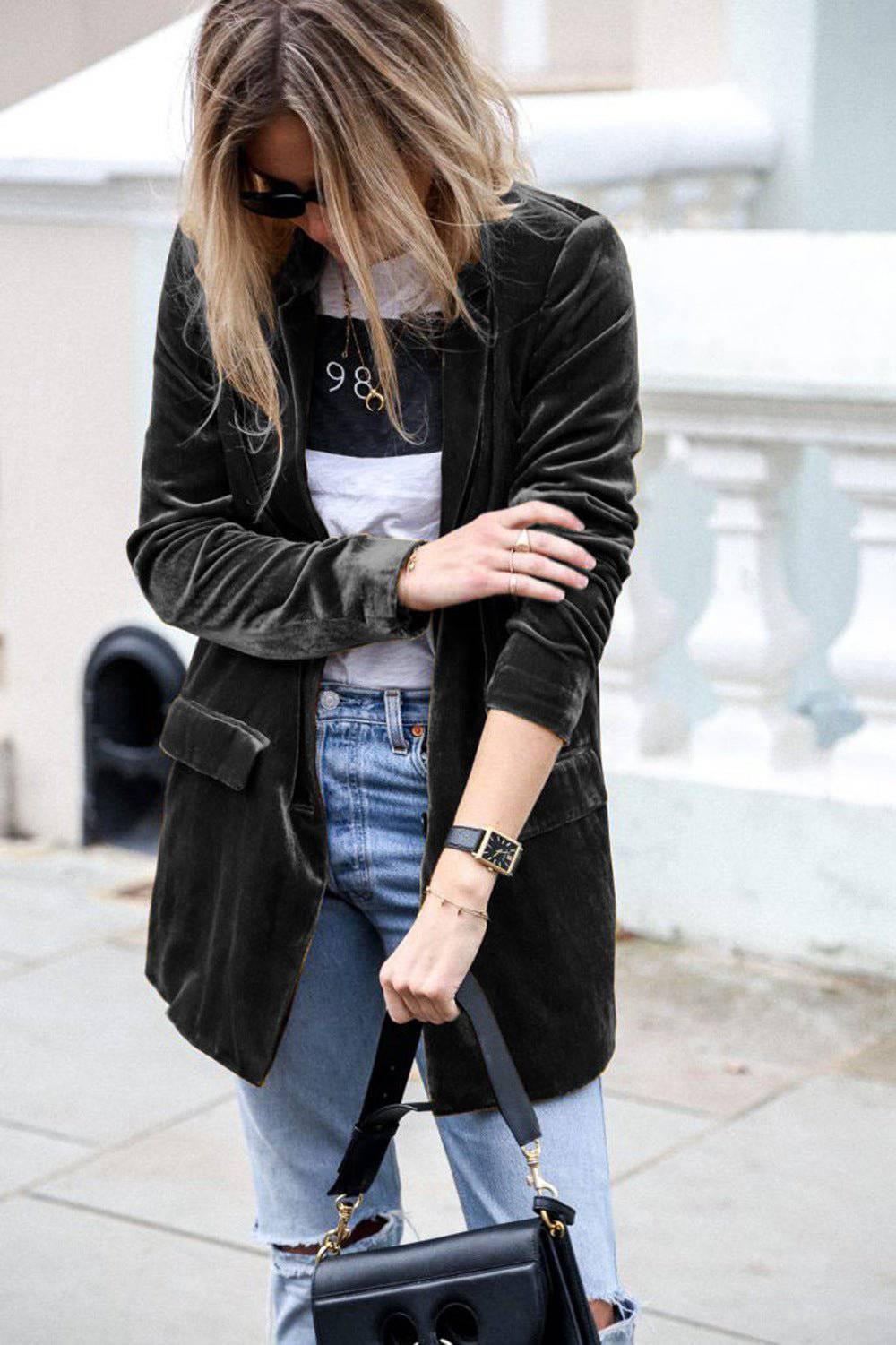 Elegant Gold Velvet Mid-Length Blazer for Women