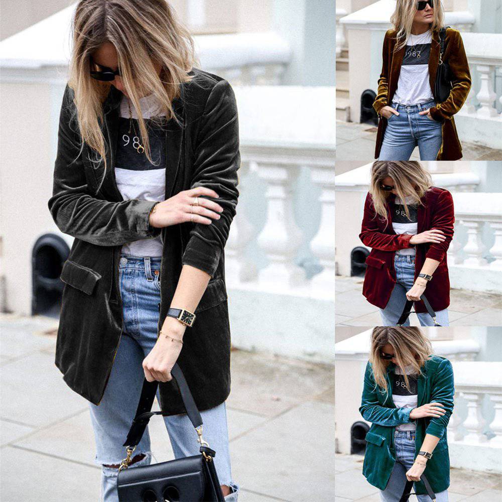 Elegant Gold Velvet Mid-Length Blazer for Women